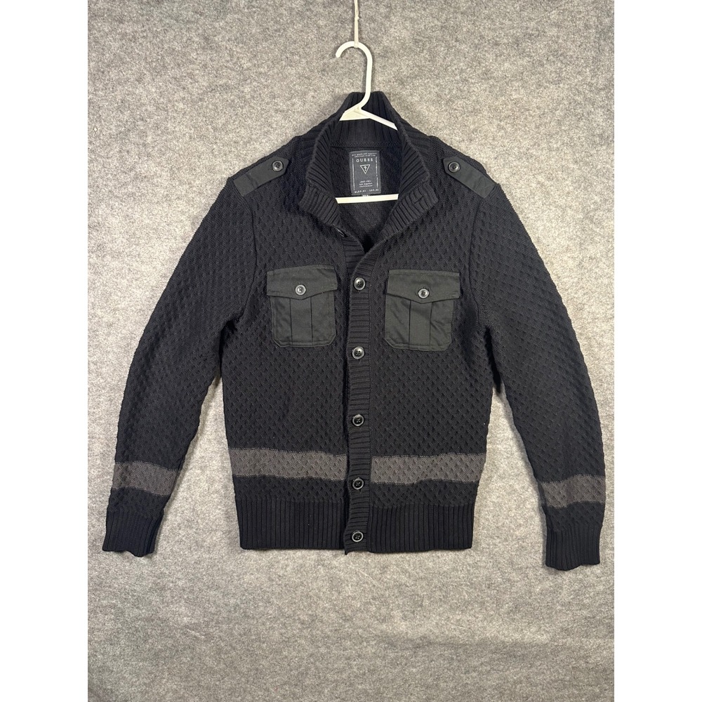 GUESS Mens Black Knit Cardigan Sweater Cotton Blend Military Style Medium M